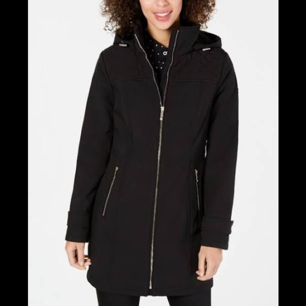 Michael Kors Womens Water Resistant Hooded Rain Coat Black Soft-shell NWT M